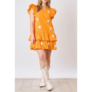 Fantastic Fawn Orange Sequin Star Ruffle Tiered Mini Dress Womens Medium Gameday